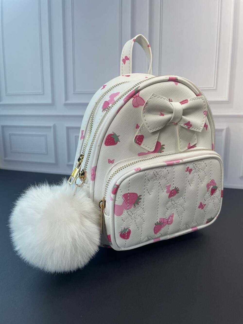 Under One Sky Strawberry and Bow Print Mini Backpack with Faux Fur Pom-Pom